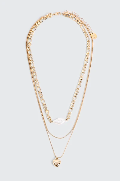 Ardene Three-Row Pearl & Heart Necklace in Gold