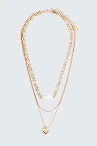 Ardene Three-Row Pearl & Heart Necklace in Gold