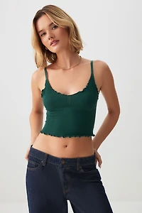 Ardene Basic Lettuce Edge V-Neck Tank Top in Dark Green | Size | Nylon/Elastane | Eco-Conscious