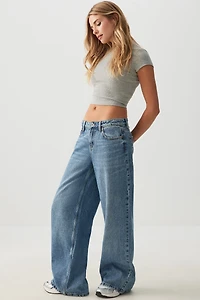 Ardene The Off-Duty Low Rise Wide Leg Jean in Medium Blue | Size | 100% Cotton