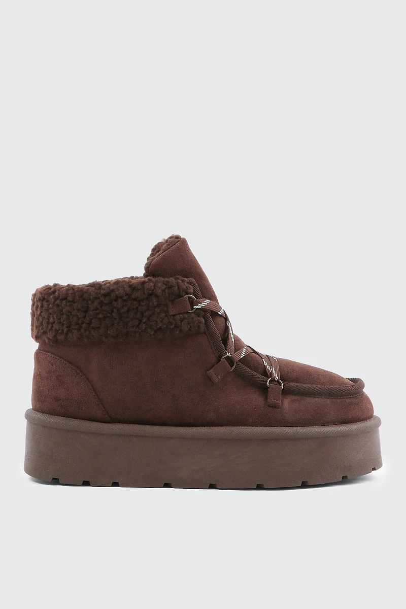 Ardene Lace Up Faux Sheepskin Platform Boots in Brown | Size | Faux Suede