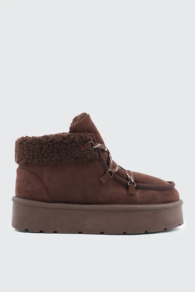 Ardene Lace Up Faux Sheepskin Platform Boots in Brown | Size | Faux Suede