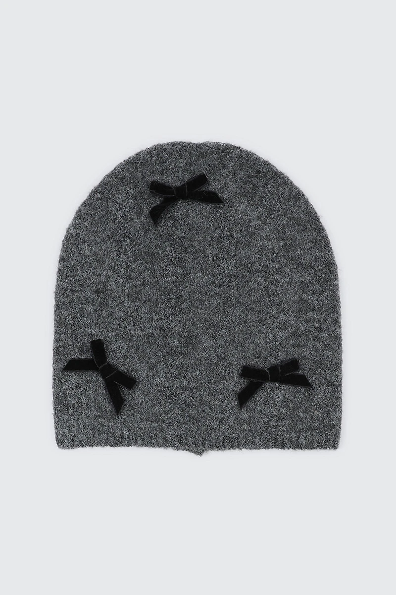 Ardene Beanie with Mini Velvet Bows in Dark Grey | Polyester/Nylon/Elastane