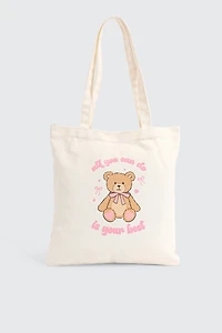 Ardene Kids Bear Print Tote Bag in Beige | Polyester