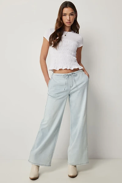 Ardene Mid Rise Wide Leg Knit Jeans in Light Blue | Size Medium | Polyester/Spandex/Cotton