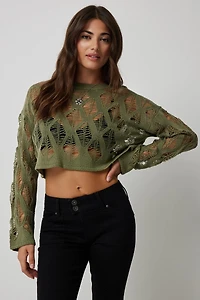 Ardene Distressed Crop Sweater in Khaki | Size XS | 100% Acrylic