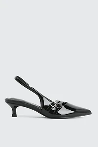 Ardene Patent Double Buckle Slingback Pumps in Black | Size | Faux Leather | Eco-Conscious