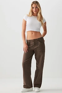 Ardene Washed Twill Relaxed Straight Leg Pants in Brown | Size | Spandex/Cotton