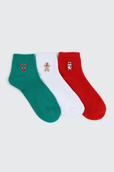 Ardene 3-Pack Demi Crew Socks with Festive Embroideries | Polyester/Spandex
