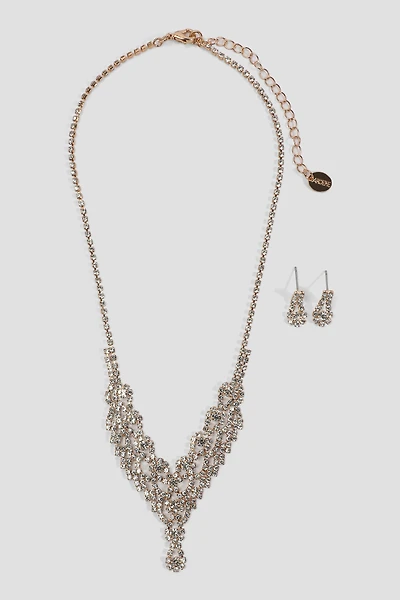 Ardene Rhinestone V Shape Necklace & Earrings Set in Gold | Stainless Steel