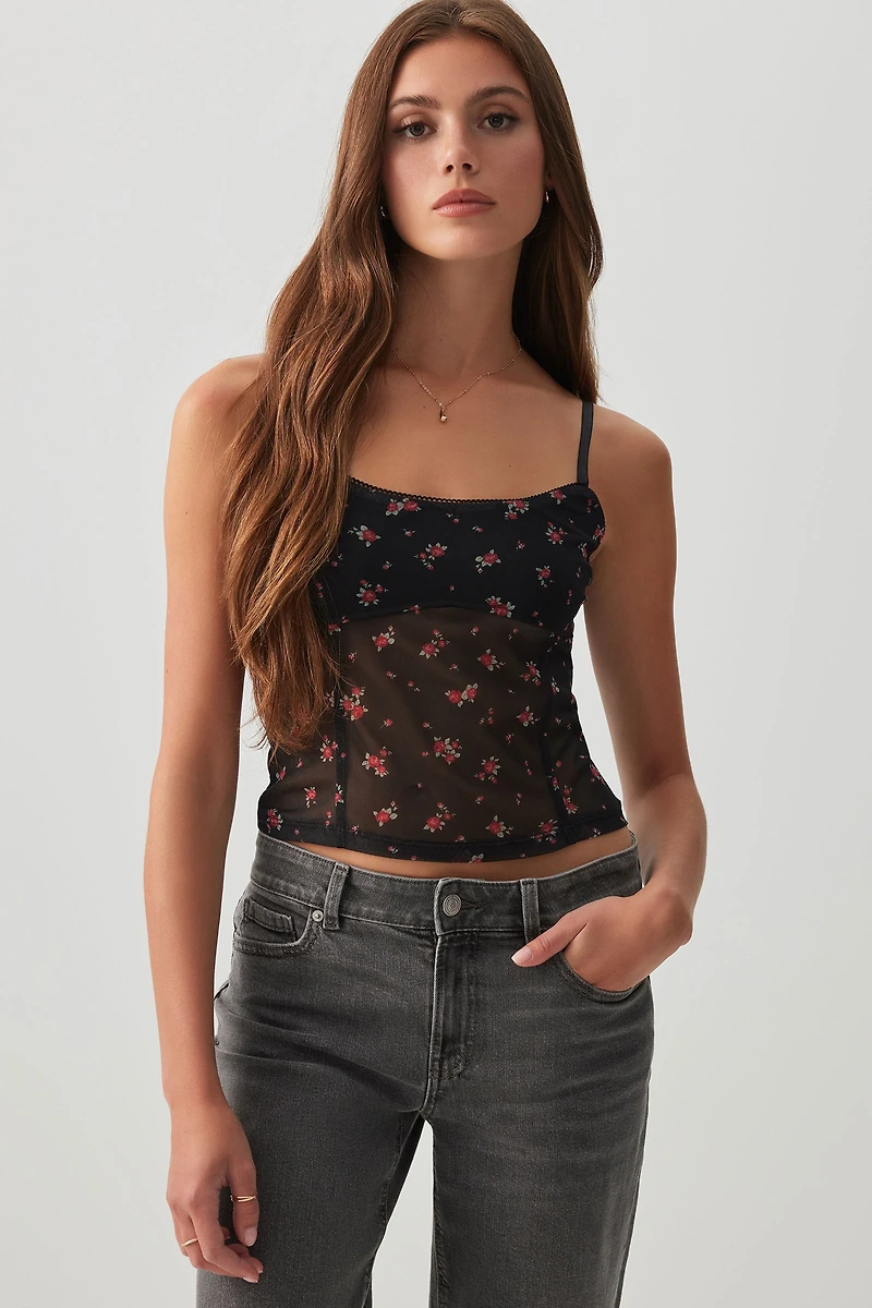 Camisole corset en maille filet imprimée