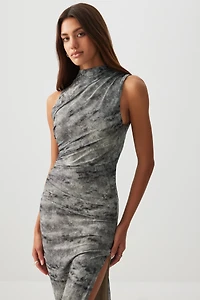 Ardene Printed Mesh Draped Dress in Grey | Size | Polyester/Elastane