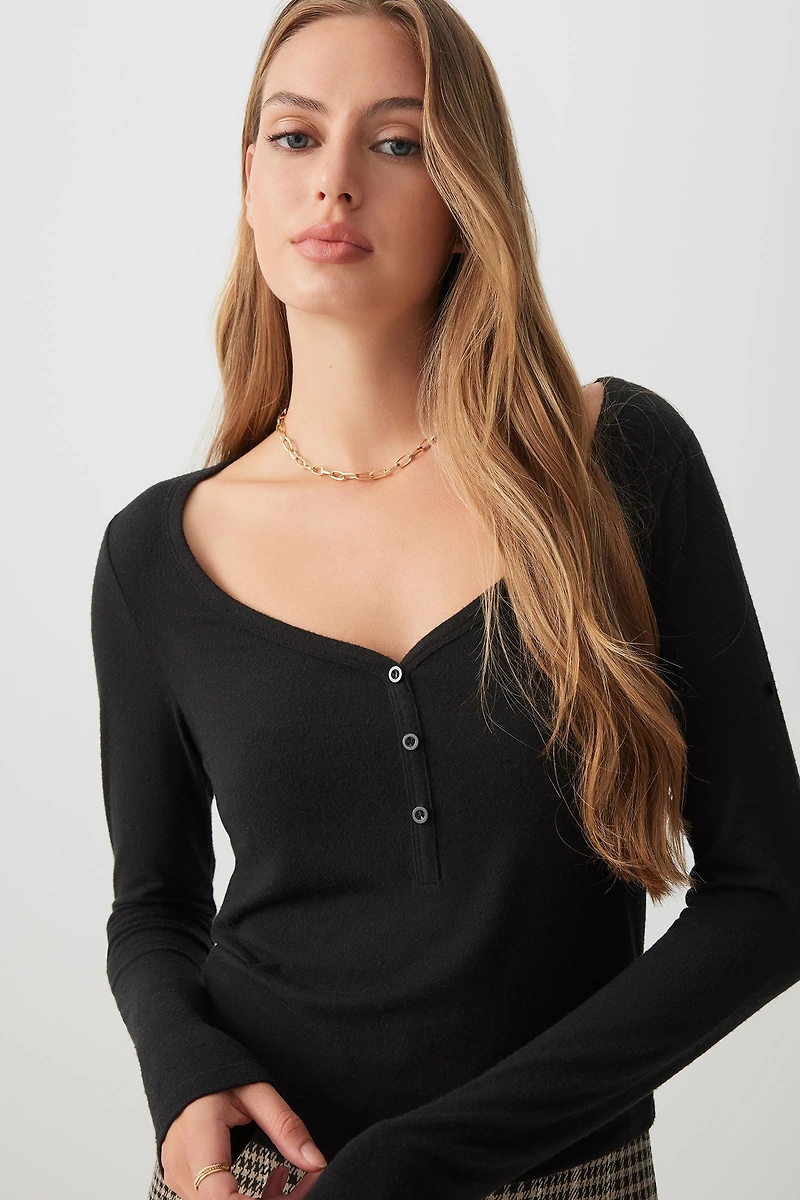 Ardene Brushed Jersey Henley T-Shirt in | Size | Cotton/Elastane