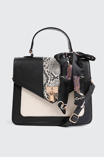 Ardene Colorblock Tote Bag with Scarf Detail in Black | 100% Recycled Polyester/Faux Leather | Eco-Conscious