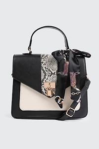 Ardene Colorblock Tote Bag with Scarf Detail in Black | 100% Recycled Polyester/Faux Leather | Eco-Conscious