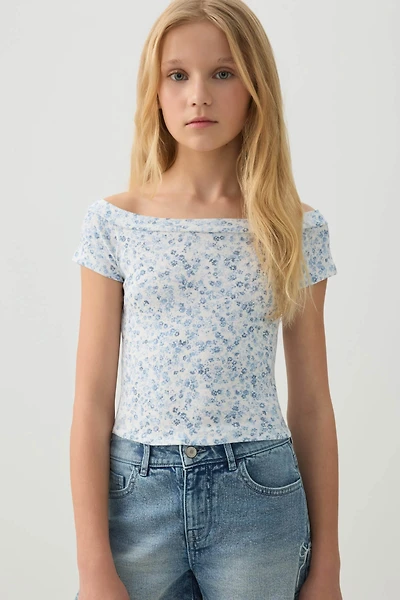 T-shirt côtelé épaules dénudées