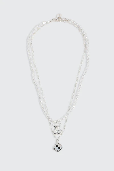 Ardene 2-Row Dice & Bear Necklace in Silver