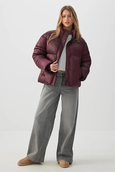 Ardene Super Light Oversized Puffer Jacket in Burgundy | Size | Polyester/Nylon