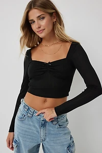 Ardene Crop Pointelle Long Sleeve Top in | Size | Polyester/Viscose