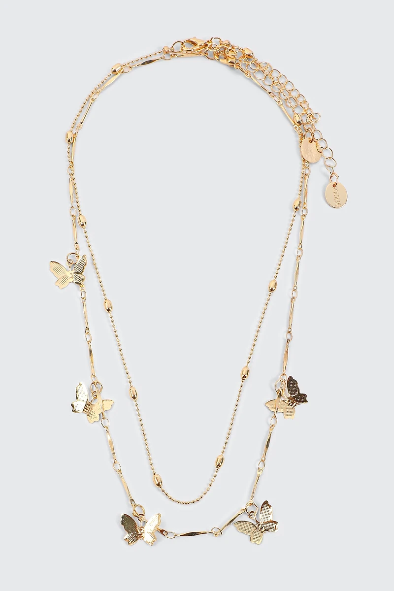 Ardene Two-Row Necklace with Butterfly Charms in Gold