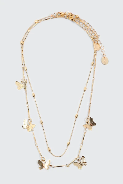 Ardene Two-Row Necklace with Butterfly Charms in Gold