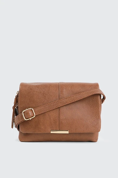 Ardene Rectangular Crossbody Bag in Cognac | 100% Recycled Polyester/Faux Leather | Eco-Conscious