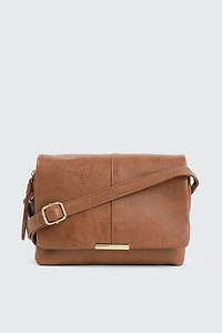 Ardene Rectangular Crossbody Bag in Cognac | 100% Recycled Polyester/Faux Leather | Eco-Conscious