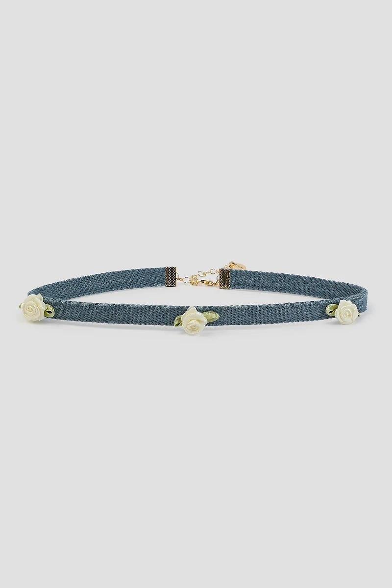 Ardene Denim Choker with Flower Details in Medium Blue