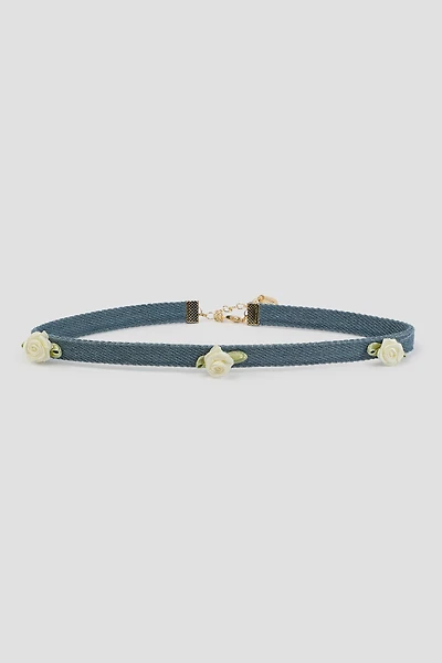 Ardene Denim Choker with Flower Details in Medium Blue