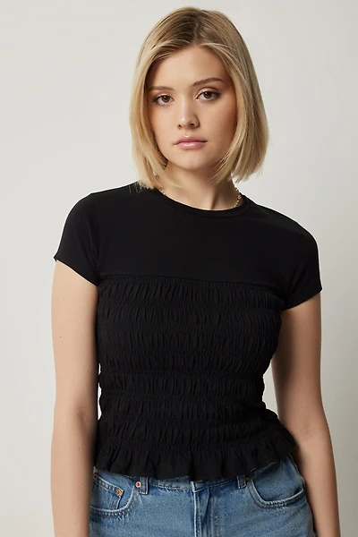 Ardene Smocked Jersey Top in Black | Size XS | Cotton/Elastane