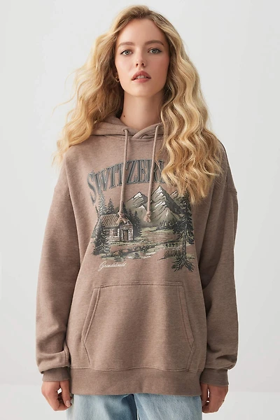 Ardene Printed Oversized Hoodie in Beige | Size | Polyester/Cotton | Fleece-Lined | Eco-Conscious