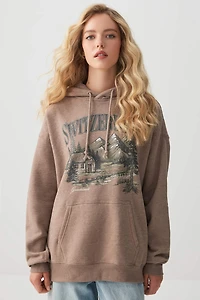Ardene Printed Oversized Hoodie in Beige | Size | Polyester/Cotton | Fleece-Lined | Eco-Conscious