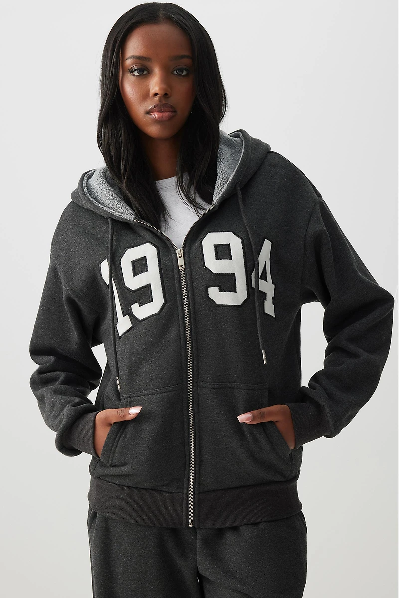 Ardene Sherpa Lined Zip Up Hoodie in Dark Grey | Size | Polyester/Rayon/Cotton