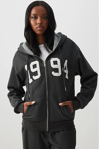 Ardene Sherpa Lined Zip Up Hoodie in Dark Grey | Size | Polyester/Rayon/Cotton