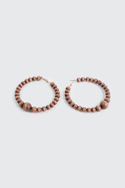 Ardene Wood Beaded Hoop Earrings in Brown | Stainless Steel