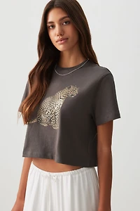 Ardene Printed Crop T-Shirt in Dark Grey | Size | 100% Cotton
