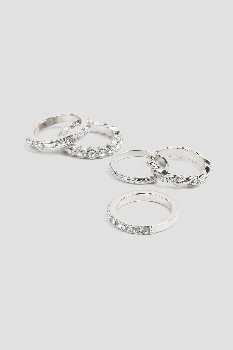 Ardene 5-Pack Assorted Rings with Stone Embellishment in Silver | Size Small