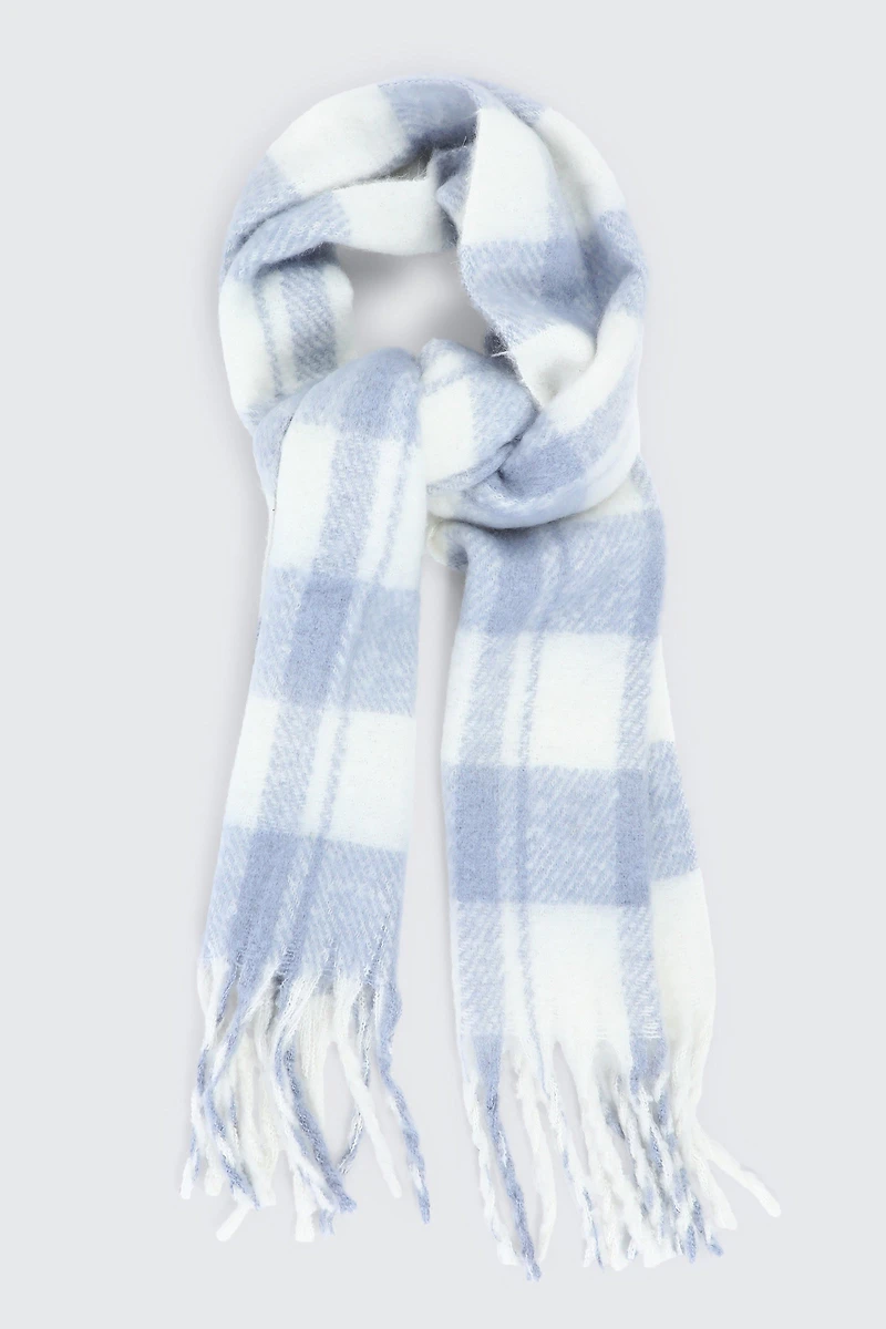 Ardene Plaid Fuzzy Scarf in Light Blue | 100% Recycled Polyester | Eco-Conscious