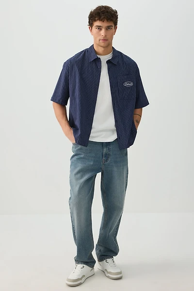 Ardene Man Striped Short Sleeve Shirt For Men in Dark Blue | Size | Spandex/Cotton