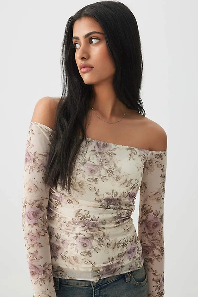 Ardene Off Shoulder Mesh Top in Beige | Size XS | Polyester/Elastane