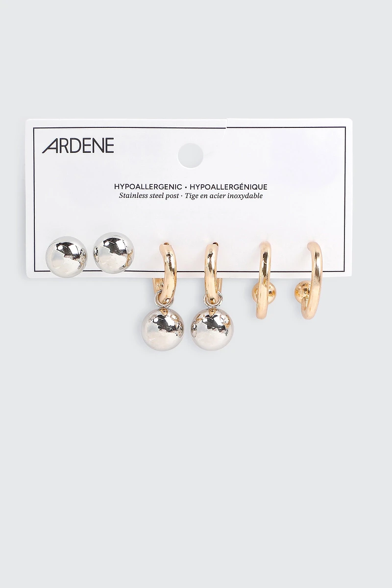 3 paires d'anneaux à breloque sphère