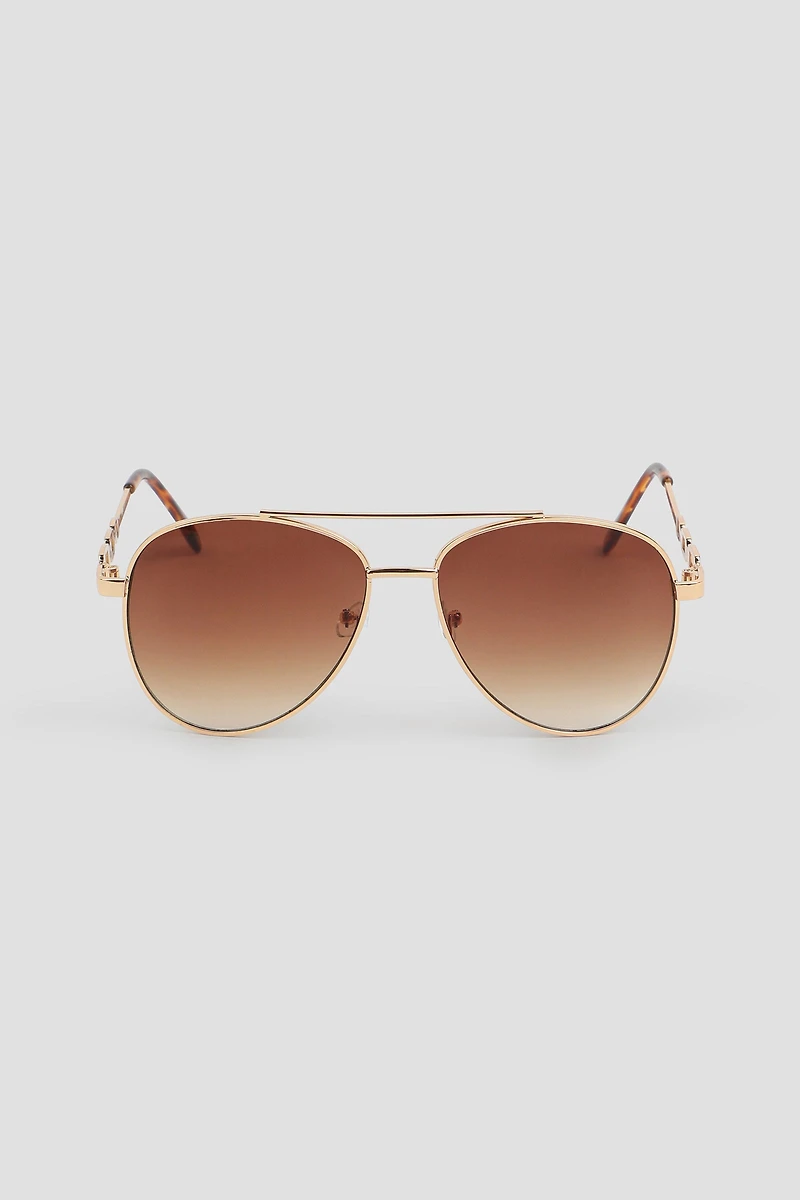 Ardene Aviator Sunglasses with Chain Temples in Brown