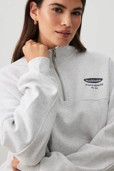 Ardene Destination Oversized Half Zip Sweatshirt in Light Grey | Size | Polyester/Cotton | Fleece-Lined