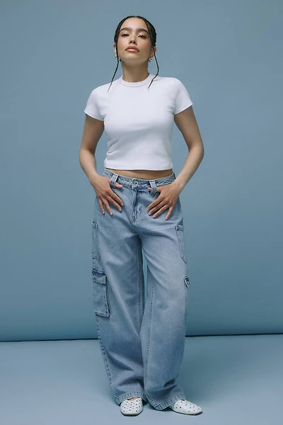 Ardene The Untamed Mid Rise Baggy Cargo Jean in Light Blue | Size | 100% Cotton