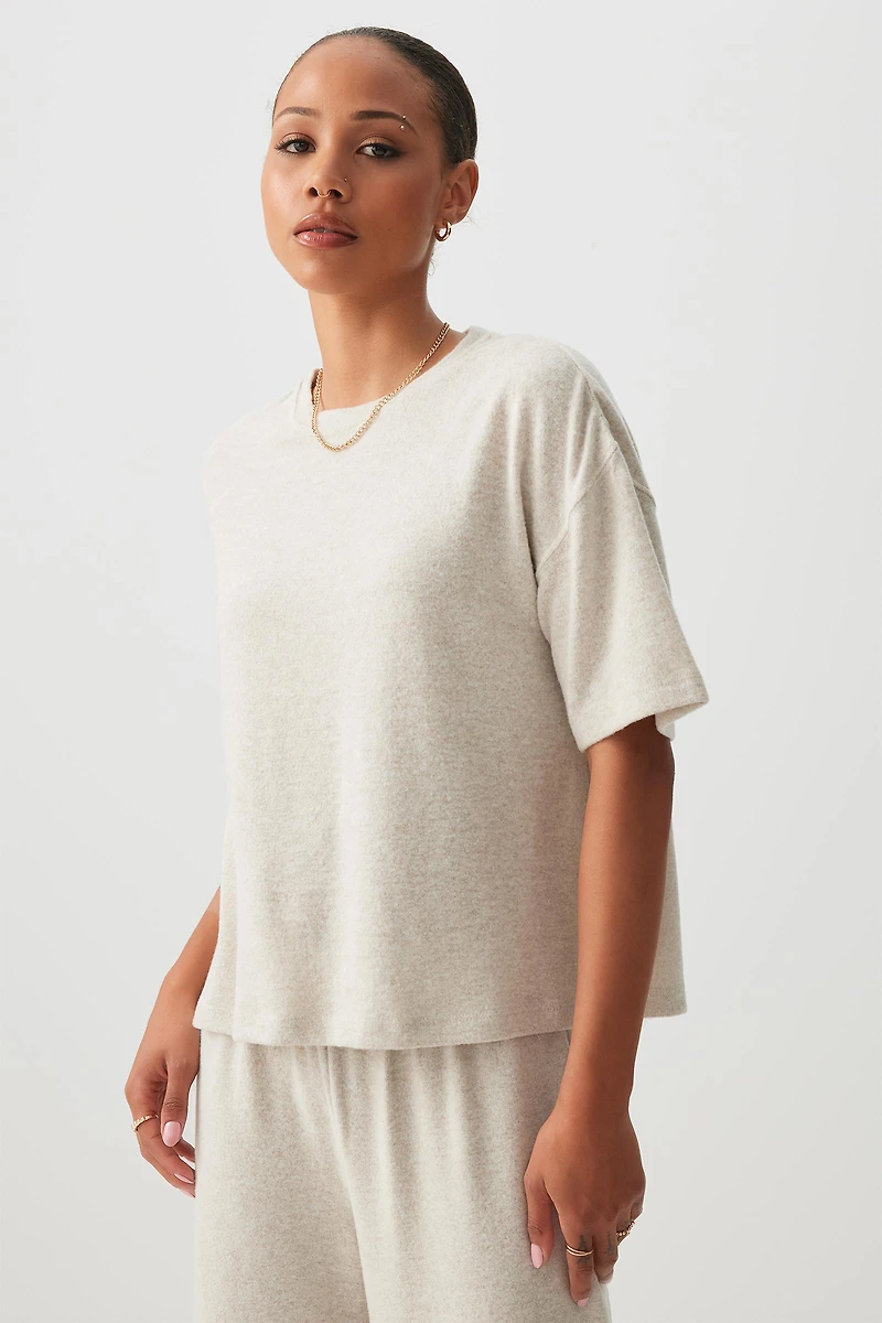 Ardene Brushed Knit Boxy T-Shirt in Beige | Size | Polyester/Rayon/Elastane