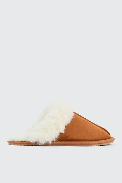 Ardene Mule Slippers with Fur Lining in Cognac | Size | Polyester/Faux Suede | Eco-Conscious