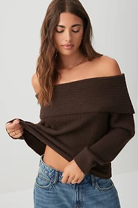 Ardene Rib Knit Fold Over Sweater in | Size | Polyester/Spandex