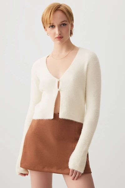 Ardene Fuzzy Pearl Button Cardigan in Off-White | Size | Nylon