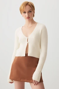 Ardene Fuzzy Pearl Button Cardigan in Off-White | Size | Nylon