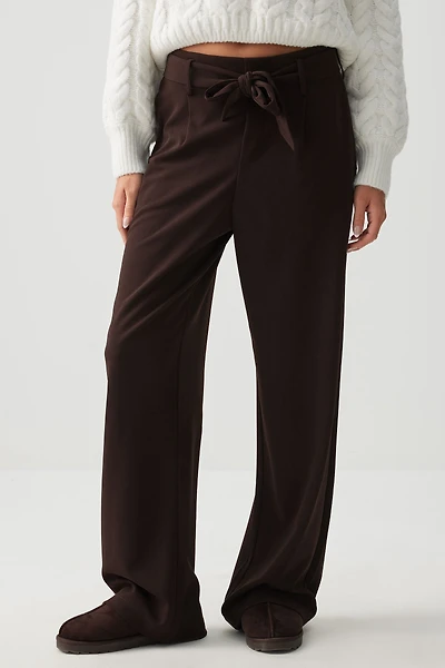 Ardene Wide Leg Tie Waist Pants in Brown | Size | Polyester/Spandex